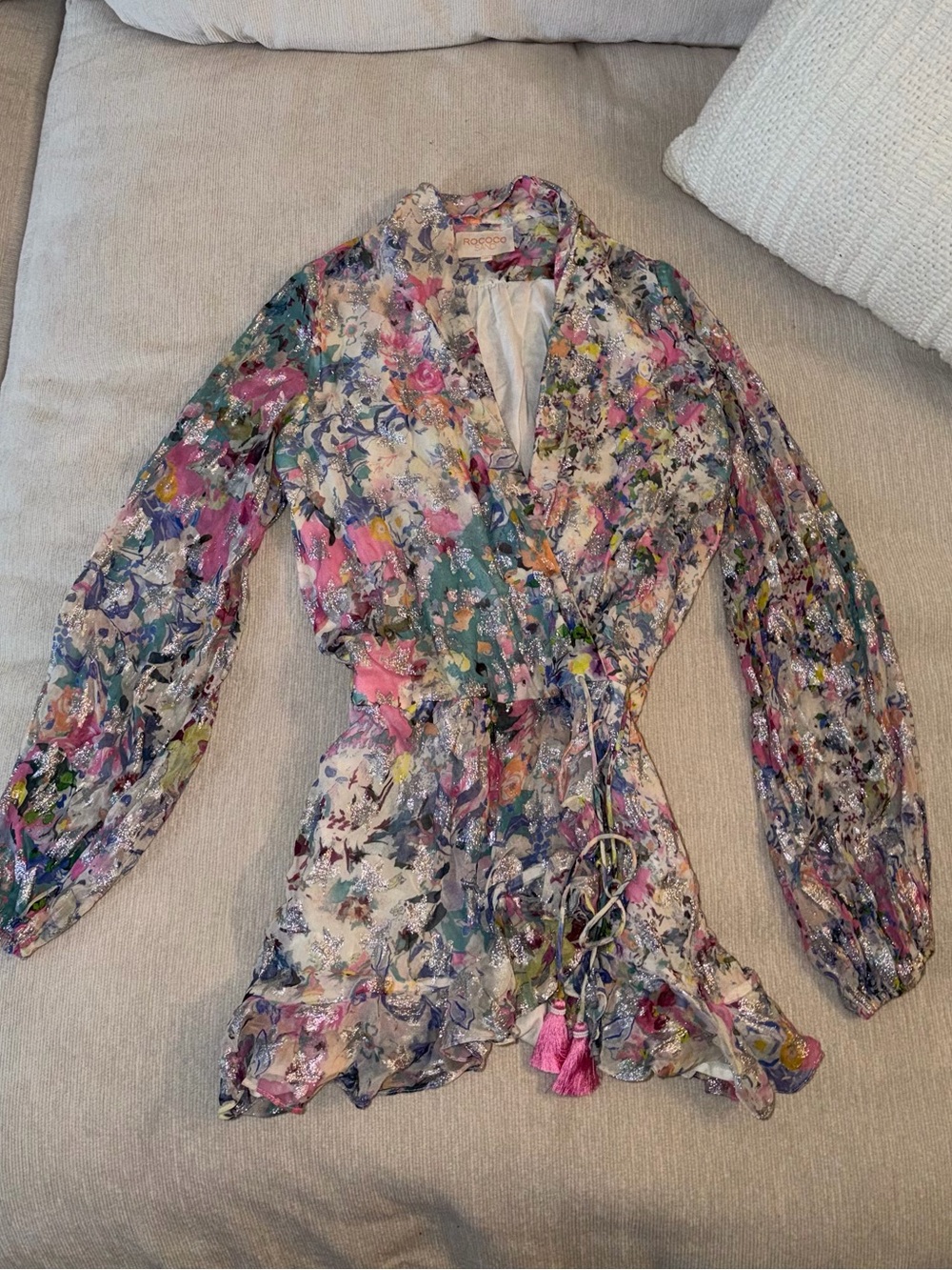 Rococo Sand Dress Multi-Color Floral Metallic Star Long Sleeve Medium - Picture 2 of 7